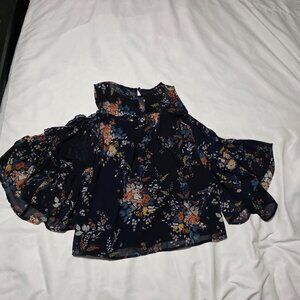 Lucky Brand Navy Floral Cold Shoulder Blouse Women’s Medium Boho Top